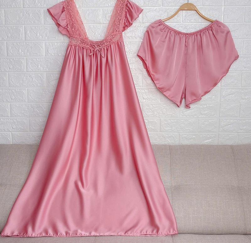 Bigsize (65Kg - 90Kg) Đầm Váy Ngủ Nữ Bigsize Sẹc Xy Chất Liệu Lụa Satin Trơn Tay Cánh Tiên Phối Ren Mềm Xinh Xắn Dễ Thương Kèm Quần Váy Ngủ Women Dress