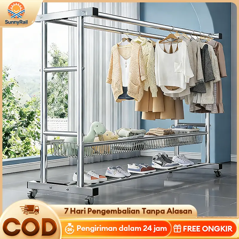 Jemuran Baju Besar Kokoh Stainless Steel Jemuran Baju Tabung Baja Gantungan Baju Berdiri Stainless