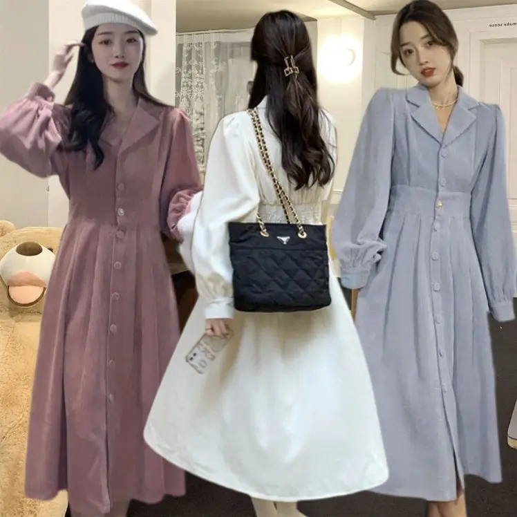 Dress Korduroi Wanita Musim Gugur Gaya Korea Baru Desain Kerah Rok Panjang Manis Biru Merah Midi Putih Casual Gaun Retro Sifon Pendek Mini 0