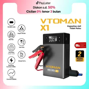 VTOMAN X1 Jumper Aki Mobil & Motor 12V 10000mAh Portable Powerbank dengan Pompa Angin & Lampu Darurat Kualitas Premium USB-C Input 5V-2A Output 5V-2.4A