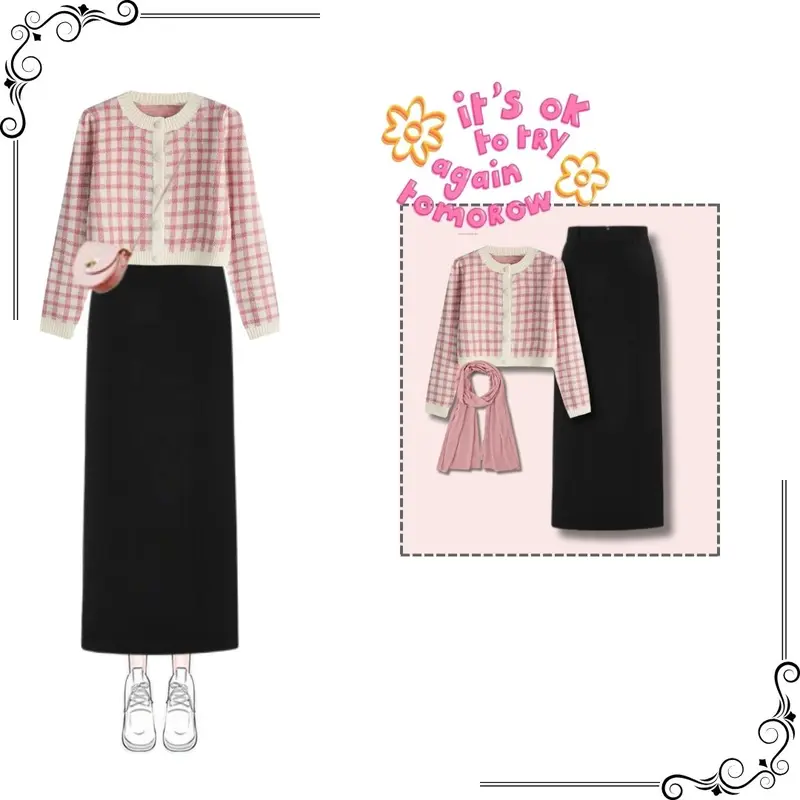 Atasan Ootd Korean Style | 3in1 One set | Outfit Remaja Kekinian Korea | Setelan Wanita Cardigan Rok Span Jilbab-Nn040 0