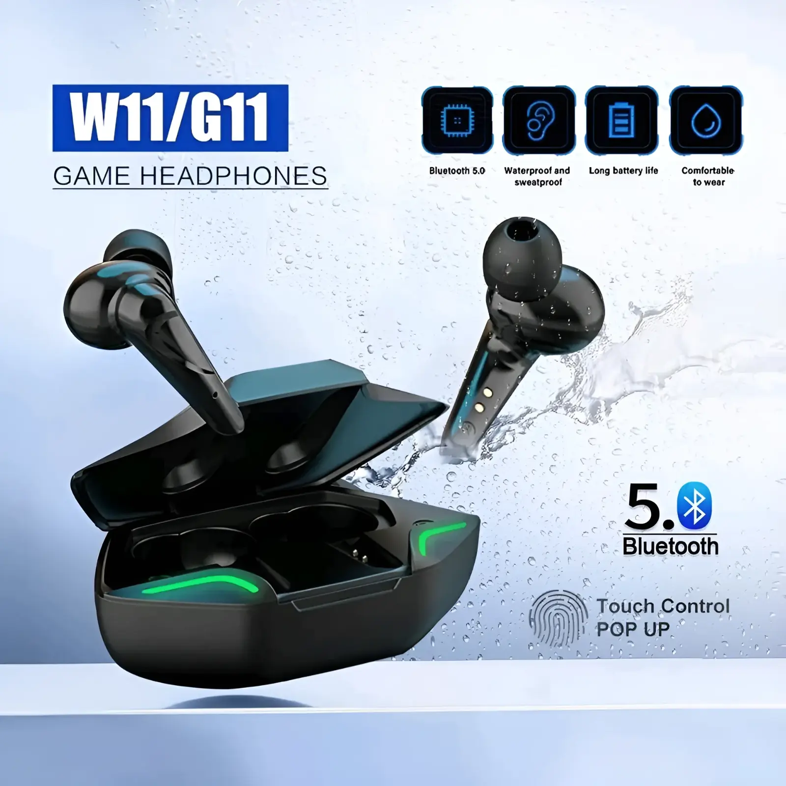 G11 TWS Earphone Headset Bluetooth Headphone Nirkabel Gaming Musik Blutut Earbud Earpods wireless Blototh with mic Olahraga Alat Bantu Dengar Bebas Genggam dengan Mikrofon Support semua perangkat Besi Plastik Ponsel Led Hitam Microphone head sead