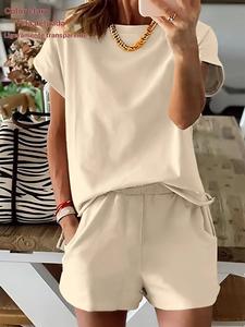 Conjunto de dos piezas con camiseta de estampado de letras para mujer y shorts, camiseta de manga corta casual y shorts de pista para verano, ropa de damas para uso diario