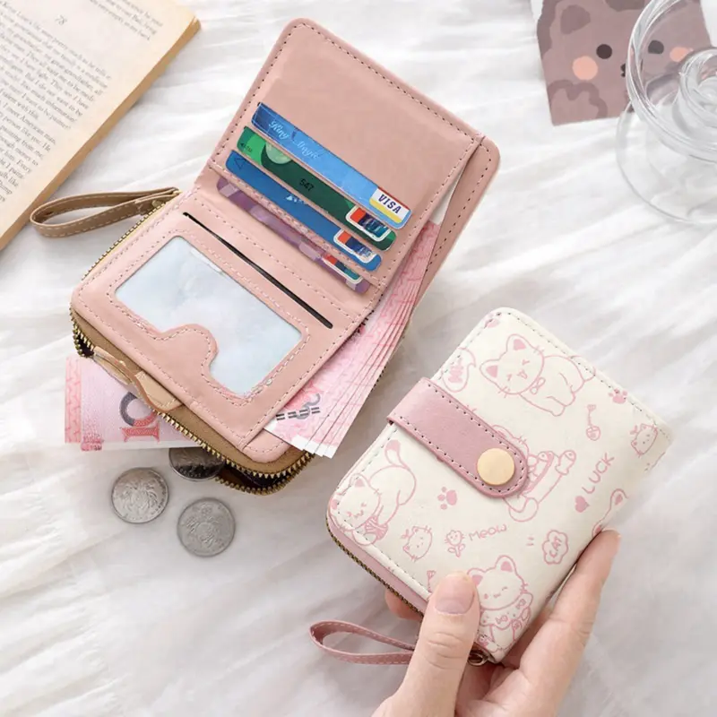 Dompet wanita resleting karakter cat kucing kartun Dompet pendek kancing bahan kulit PU import jepang estetik Dompet lipat untuk kartu koin uang fashion Wallet leather double fold cantik korean style terbaru anti air Kado hadiah gift 0