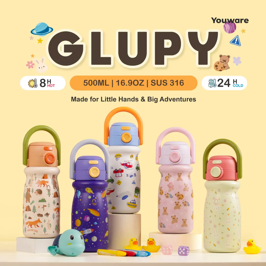 Youware - Glupy Tumbler Anak Stainless Steel SUS 316 500ml Botol Minum Kids Keep Hot Cold Anti Bocor Tahan Panas Dingin BPA Free dengan Sedotan & Handle
