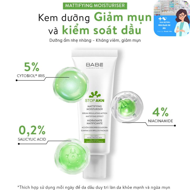 Kem dưỡng ẩm cho da dầu mụn Babe Stop AKN Mattifying Moisturiser 50ml