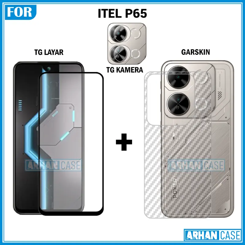 Paket Triple 3in1 Tempered Glass untuk Itel P65 P55 4G P55 5G Garskin 3D Plus Pelindung Lensa Camera 4