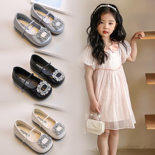 2025 Trẻ em mới nhất Giày da nữ Khí chất Square Head Ballet Rhinestone Giày đế mềm một ngón