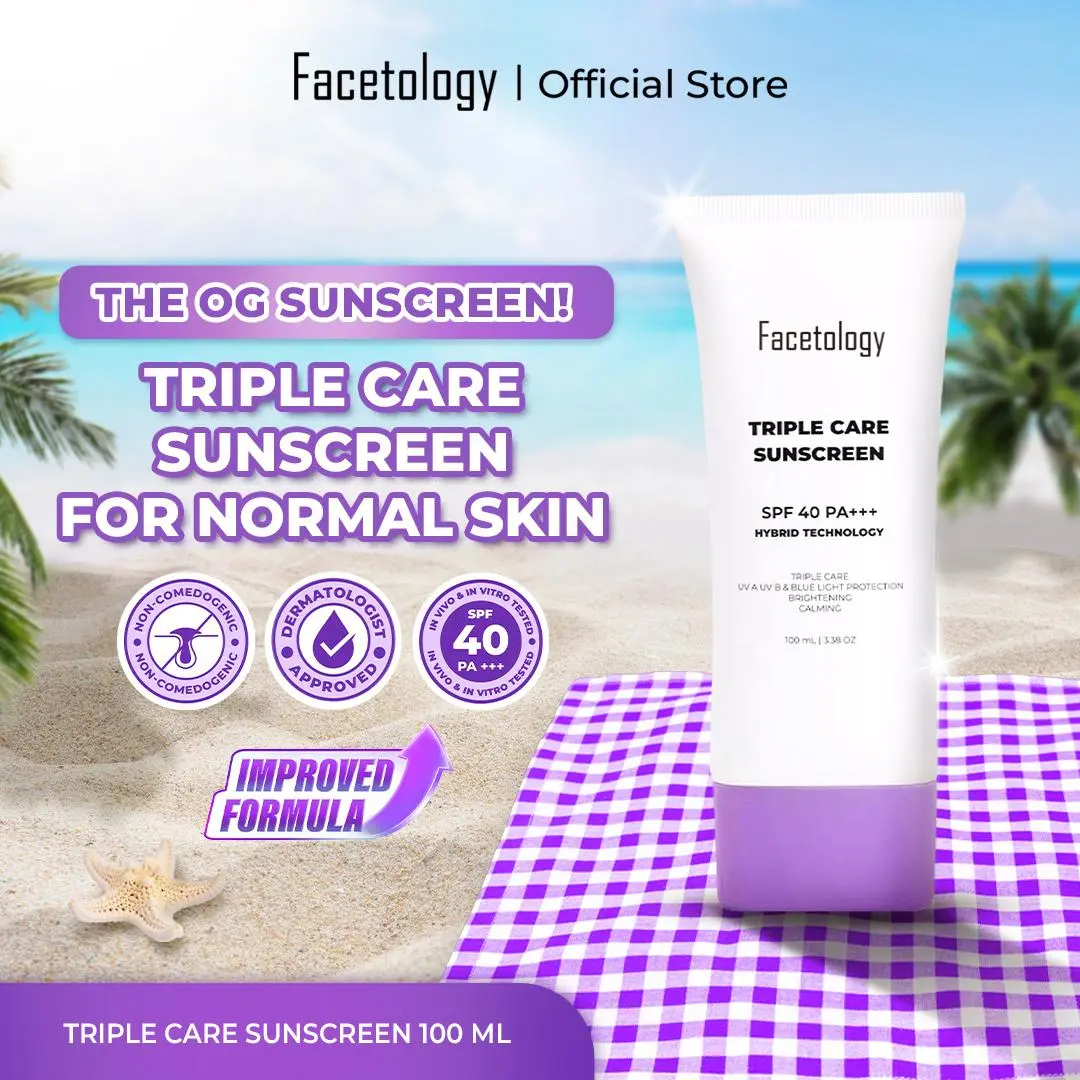 Facetology Triple Care Sunscreen SPF 40 PA++++ 100ML - Perlindungan Maksimal Terhadap Paparan Sinar UV Matahari - Facial, Lotion
