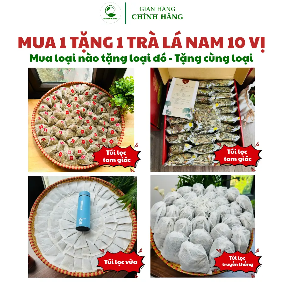 [Mua 1 tặng 1] Trà Lá Nam 10 vị Thảo Dược Zone, Mua 1 set 30 gói tặng 1 set 30 gói, tặng thêm bình ở mã 60 gói túi xay, thành phần Lá sen, xạ đen, lạc tiên, giảo cổ lam, hoa nhài, cỏ ngọt...Nước Trà Chè Tea Chua Nước Trà Chè tral anam vi trà  lá