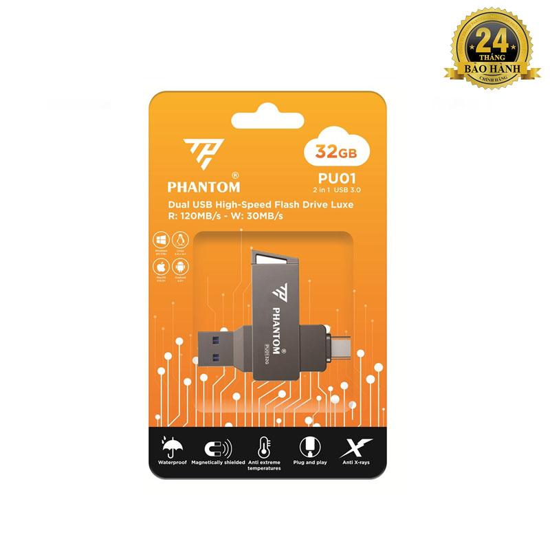USB 3.0 OTG PHANTOM PU01 dung lượng 32GB Cổng USB và TypeC cho Máy Tính / Điện…