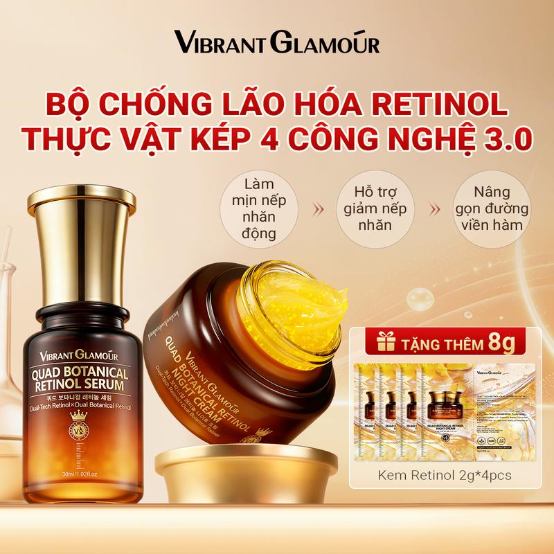 VIBRANT GLAMOUR Bộ Đôi Chống Lão Hóa Retinol Thực Vật Tứ Hợp 3.0 | Serum + Kem dưỡng ban đêm giúp săn chắc, làm mịn nếp nhăn & hỗ trợ tăng cường hàng rào bảo vệ da | Bakuchiol + Peptide + Collagen, dịu nhẹ cho da nhạy cảm