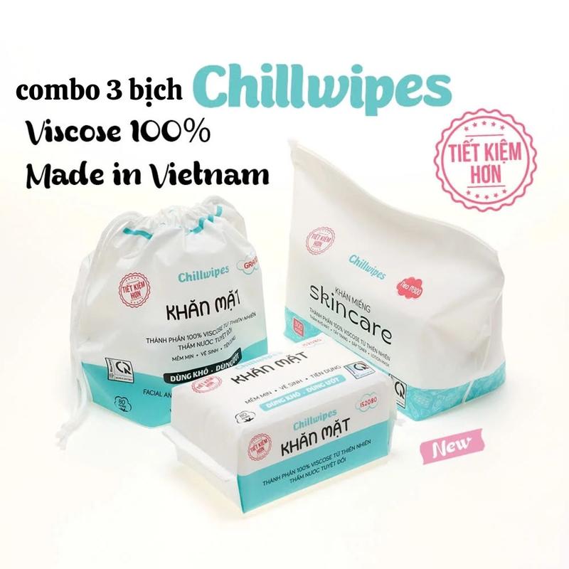 Combo 3 Bịch Khăn Mặt Khô Chillwipes. Giấy Lau Mặt Dùng Một Lần, Kích Thước 20x17, Bịch 80 khăn, Khăn giúp thấm nước một cách dễ chịu KMK-29