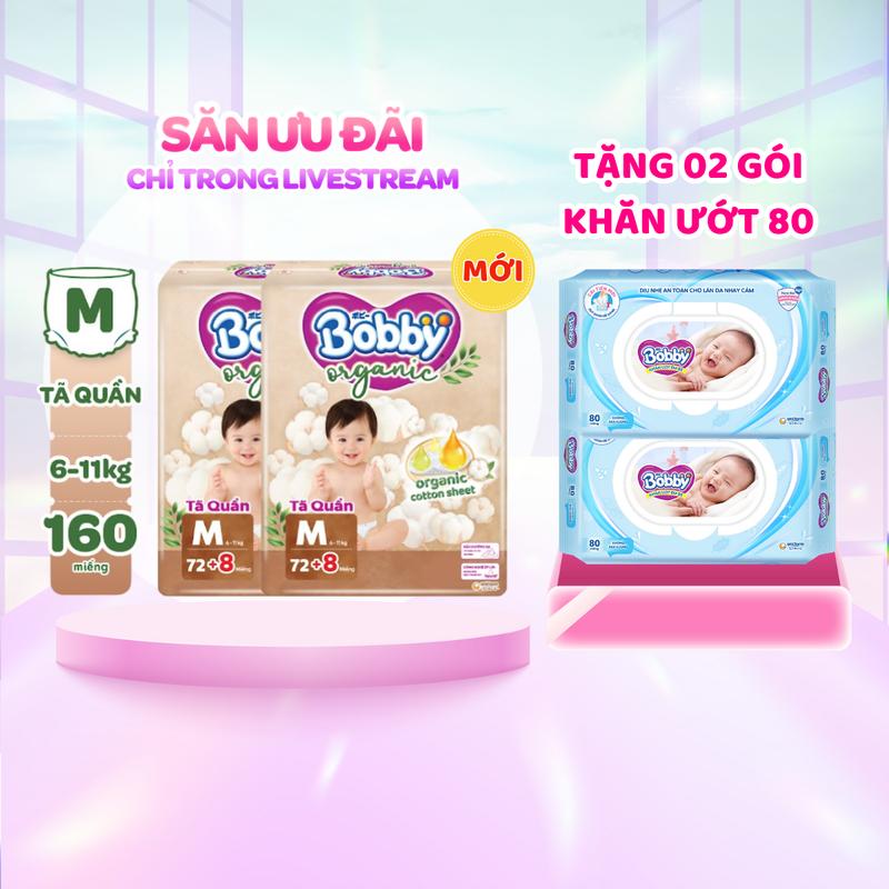 [COMBO 2-TẶNG 2 KHĂN ƯỚT 80M] Tã/bỉm quần cao cấp Bobby Organic chăm sóc dịu nhẹ từ thiên nhiên M72/L60/XL56/XXL54 [MỚI RA MẮT]