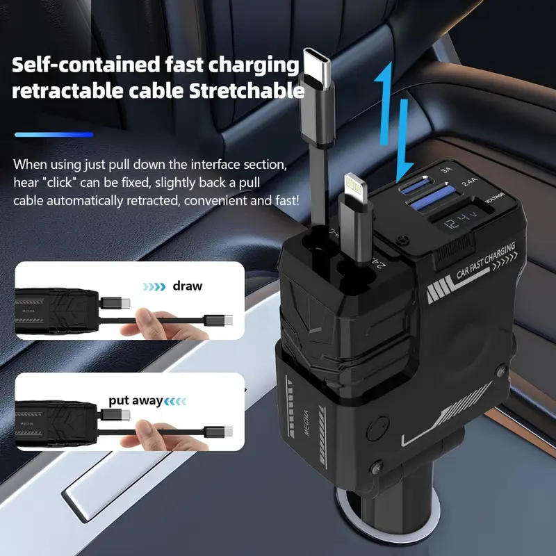 BLUESEA Car Charger 4 in 1 Colokan Mobil Motor Fast Charging QC 3.0 Retractable PD 66W Type C & Iphone 2