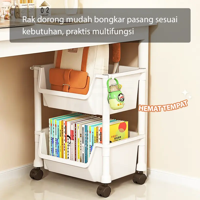 HUGO Rak Dapur Dorong Rak Buku Plastik Serbaguna Rak Troli Toilet Kamar Mandi Susun dengan Roda Penyimpanan 2