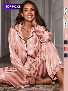 Conjunto de pijama con camiseta abotonada y cuello de camisa y pantalones con cintura elástica, 2 piezas, pijama con camiseta de manga larga y bolsillo y pantalones, ropa para dormir de primavera y otoño para mujer