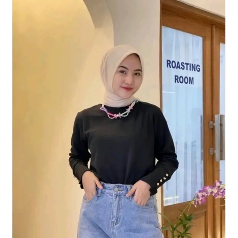 Inara Top Rib knit Button - Atasan iner wanita Polos Turtleneck Kancing Panjang 0