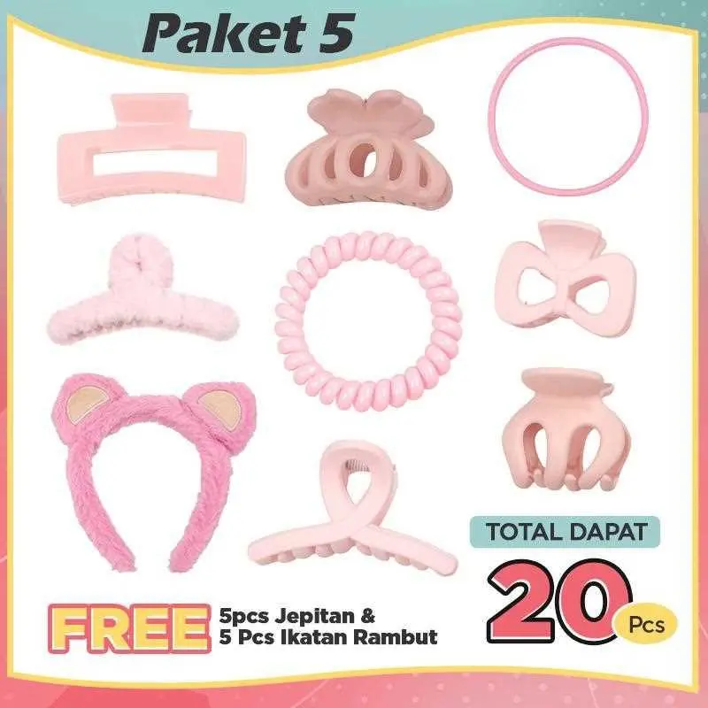 【TIKTOK COD】Paket 5 Jepitan Accessories Rambut Korea Warna Pink Bando Lucu Jepitan Rambut Ikat Rambut Wanita + Free 5pcs Jepitan & 5pcs Ikatan Rambut Total Dapet 20pcs Mutiara Scrunchies【FA5-40202B】