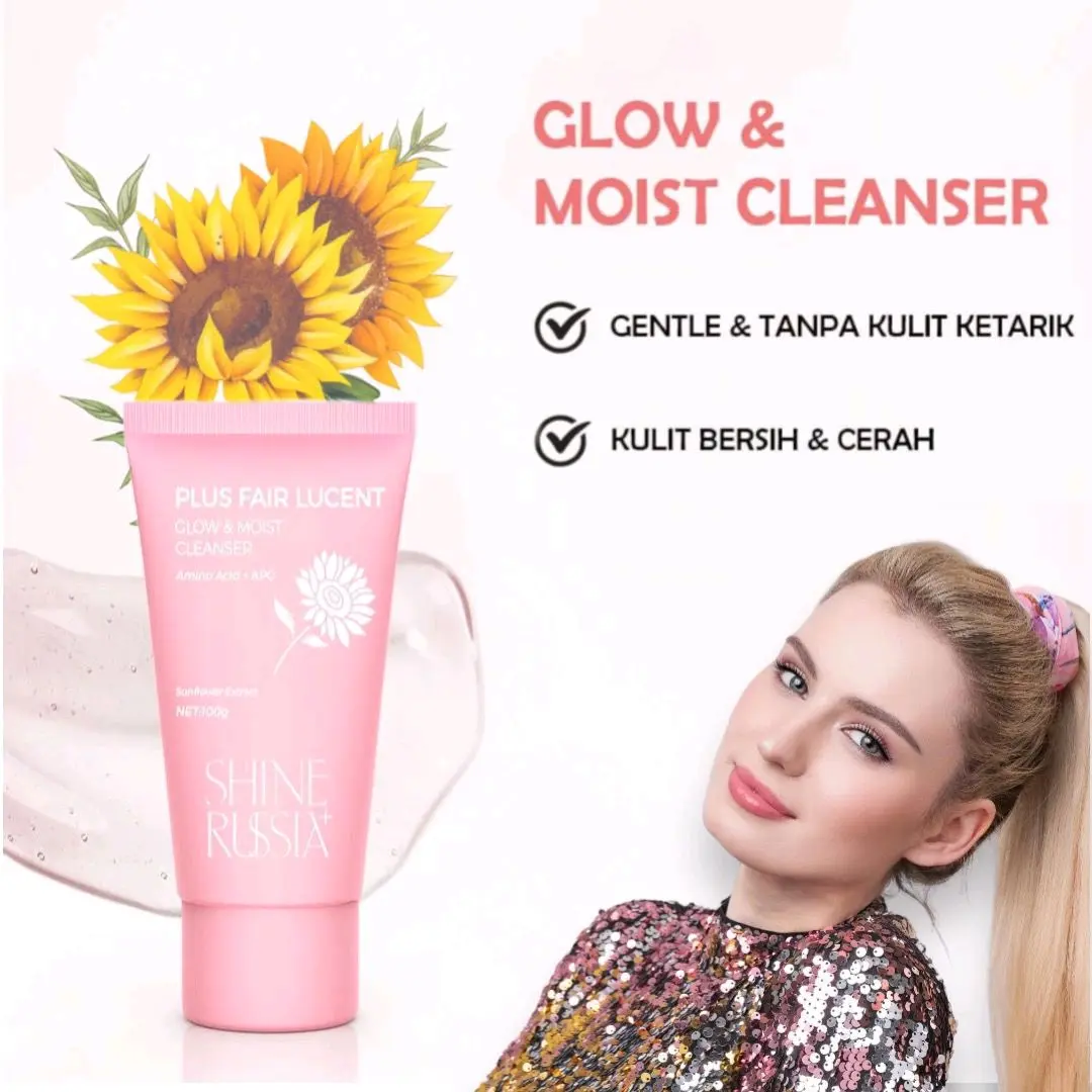 Shine Russia + CLEANSER GLOW & MOIST dengan Sunflower Extract, Amino Acid, APG dan juga Mild PHA yang akan mengurangi tumbuhnya komedo & jerawat, melembutkan serta meningkatkan kilau kulit