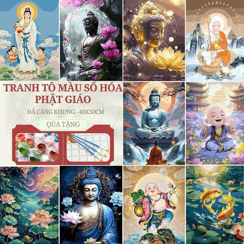 Tranh Tô Màu Số Hóa Phật Giáo 40x50cm Đã Căng Khung - Tặng Kèm Màu Vẽ Tranh và Cọ Vẽ