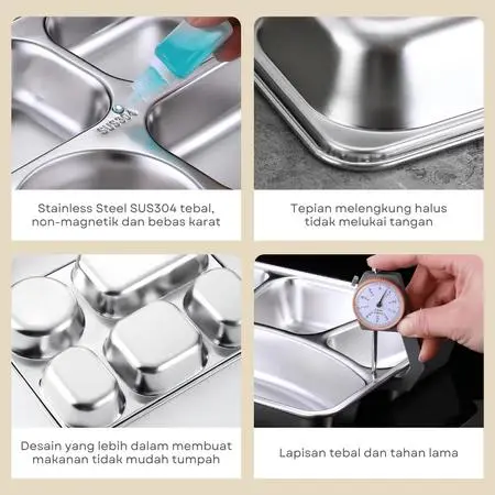 Food Tray Piring 5 Sekat Stainless Steel SUS Emboss 304 BGN - Tempat Makan - Ompreng READY STOCK 4
