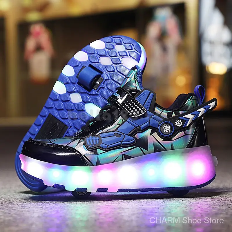 [100% High Quality]Adult and kids tow-wheeled  LED rechargeable luminous shoes roller skates kids outdoor sneakers wheel shoes 8WDY R9BV R2F9