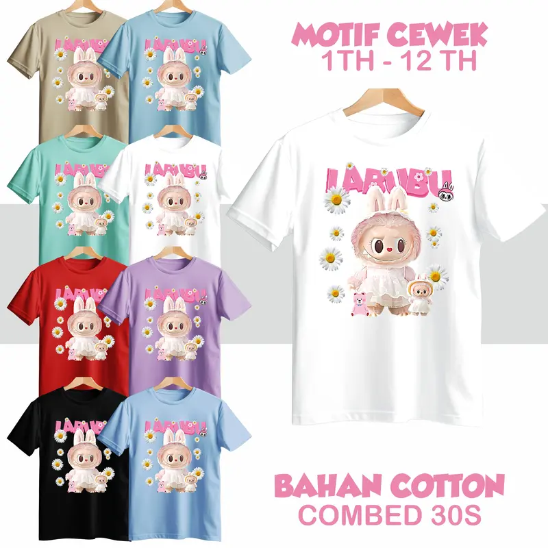 Baju Kaos couple untuk Anak dan Dewasa Labubu Bunga Premium Katun Combed 30s untuk Anak dan Dewasa, Usia 3-11 Tahun, Distro Fashion Wanita Keluarga Pasangan Motif Cewek Atasan Ibu Pendek Oblong baju labubu Setelan Panjang Sarimbit 0