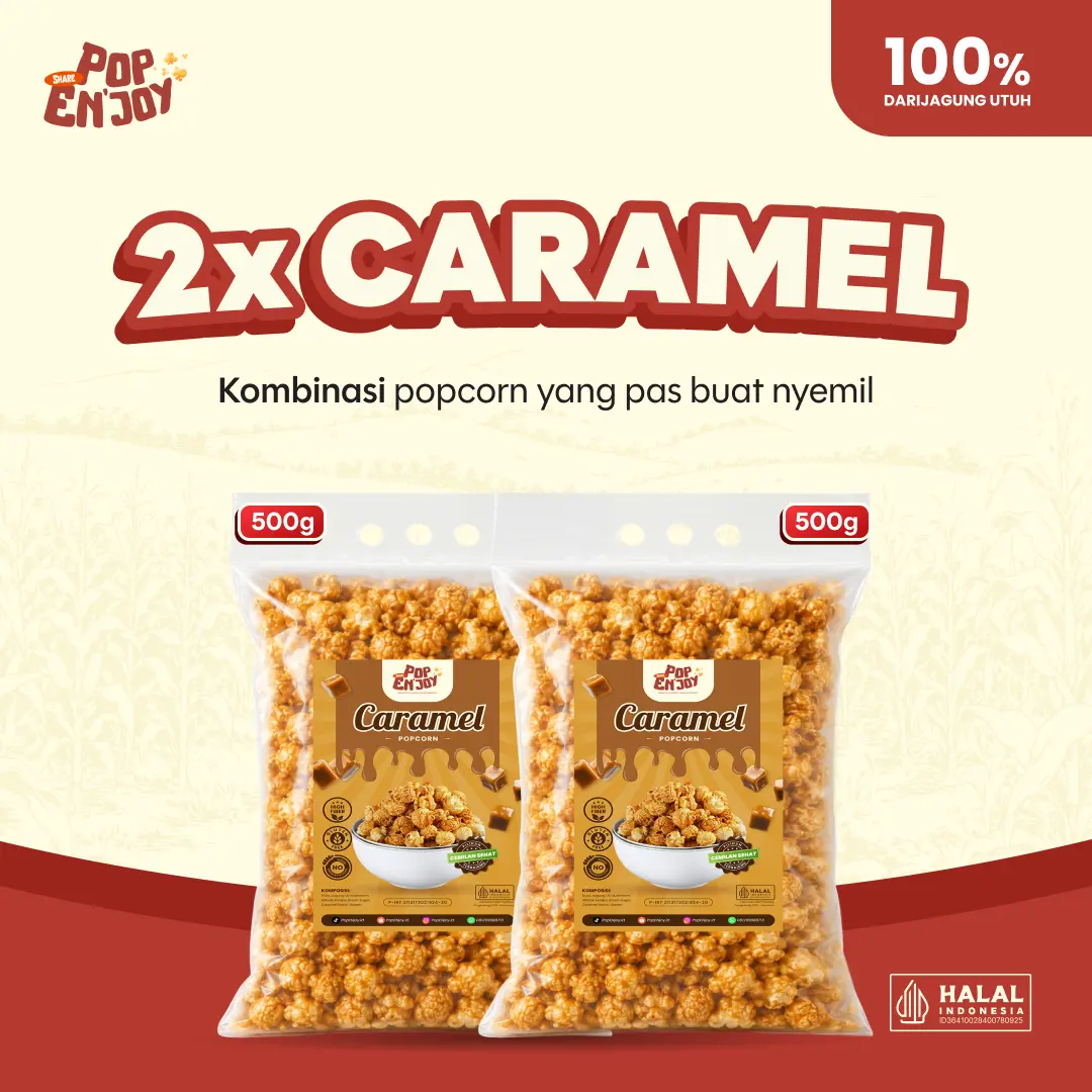 PopENjoy - [1 KG] POPCORN CARAMEL 2 x 500gr (2x500gr) - Makanan Manis Crispy Camilan Popkron Snack Jagung Cemilan Food Instan Bumbu kriuk Snack Nobar Piala Dunia
