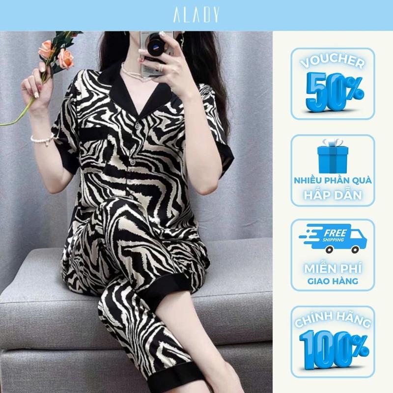 ALADY TN037 - Đồ bộ Pijama Tay Ngắn họa tiết sọc đen chất liệu lụa Latin trơn mịn mềm mại nhẹ nhàng phong cách tiểu thư Quần Ngủ