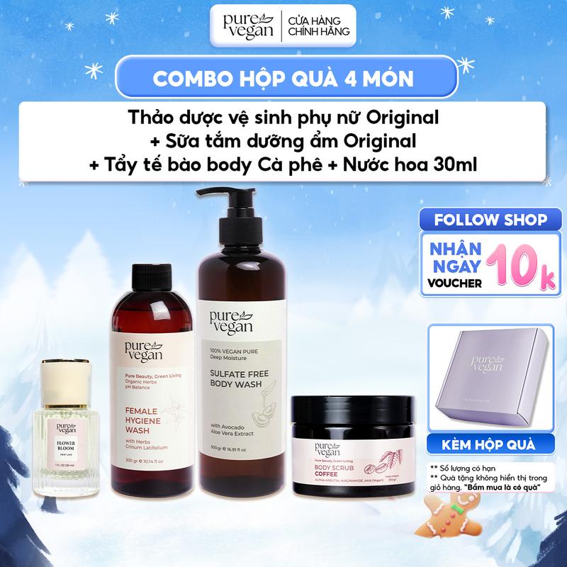 COMBO HỘP QUÀ Sữa Tắm Pure Vegan 500gr & Thảo Dược Vệ Sinh 300gr & TTBC Body 290gr & Nước Hoa Nữ 30ml