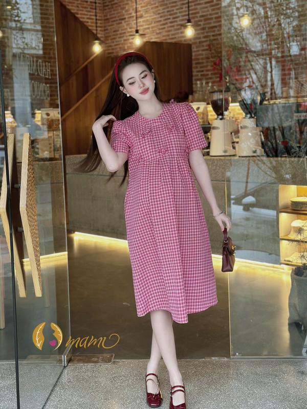 Mami Đầm Bầu Váy Bầu Dáng Suông Có Phối Nơ Trang Trí Kẻ Caro Trẻ Trung Năng Động Màu Hồng đủ size S M L XL