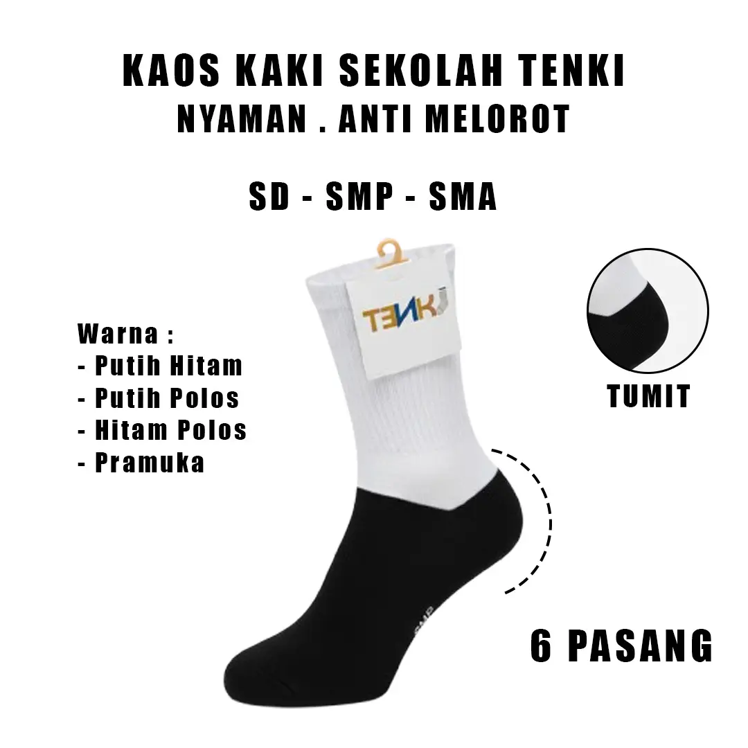 TENKI 6 Pasang Kaos Kaki Sekolah SD SMP SMA Sebetis hitam putih tebal nyaman elastis