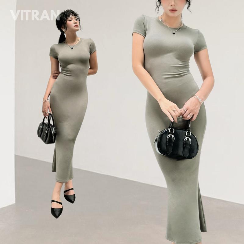 VITRAN BOUTIQUE Đầm Body Cổ Tròn Tay Lửng Dáng Dài Đuôi Cá Thun Borip Co Giãn Nữ Phong Cách Thời Trang Hiện Đại Basic Cơ Bản Đơn Giản Minimal DDC1