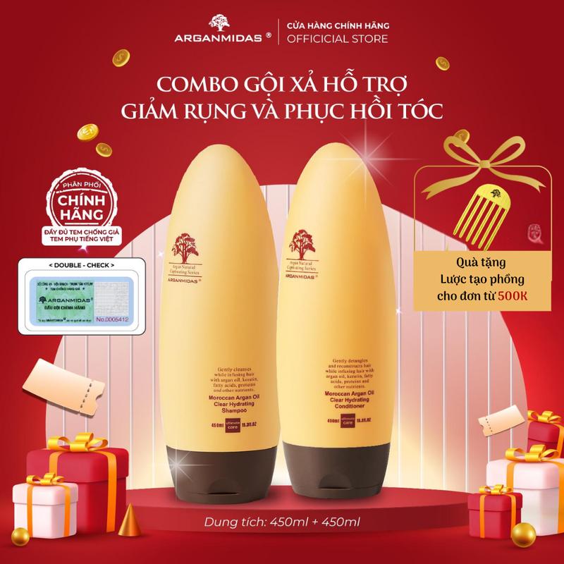 [Arganmidas x Phụng Mã] Combo Gội xả Cao cấp hỗ trợ giảm gãy rụng, giúp tóc bóng khoẻ mềm mượt, hương thơm dịu nhẹ Arganmidas Moroccan Argan Oil - 450ml x2, bộ gồm 2 chai