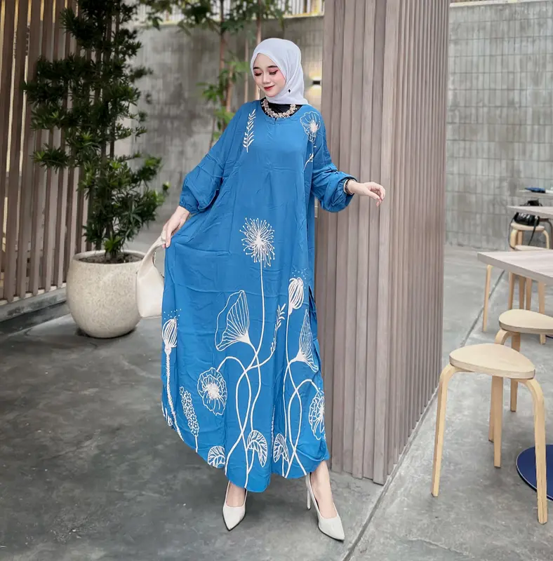 Kaftan Batik Daster Gamis Muslim Hitam Wanita Busui Resleting Jumbo Kain Rayon Tebal Nyaman Dress Panjang 2