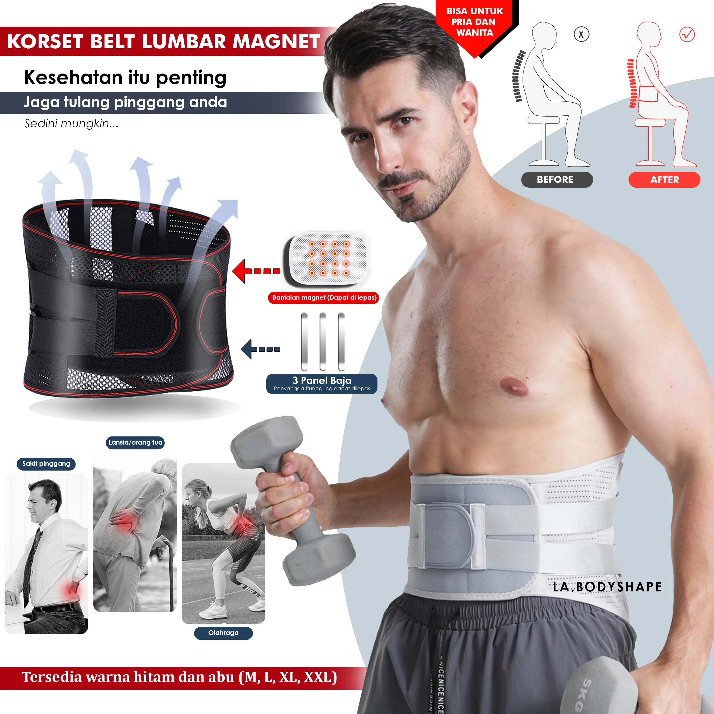 Korset belt lumbar magnet kesehatan tulang belakang nyeri pinggang sabuk dukungan tulang dan perut pria dan wanita