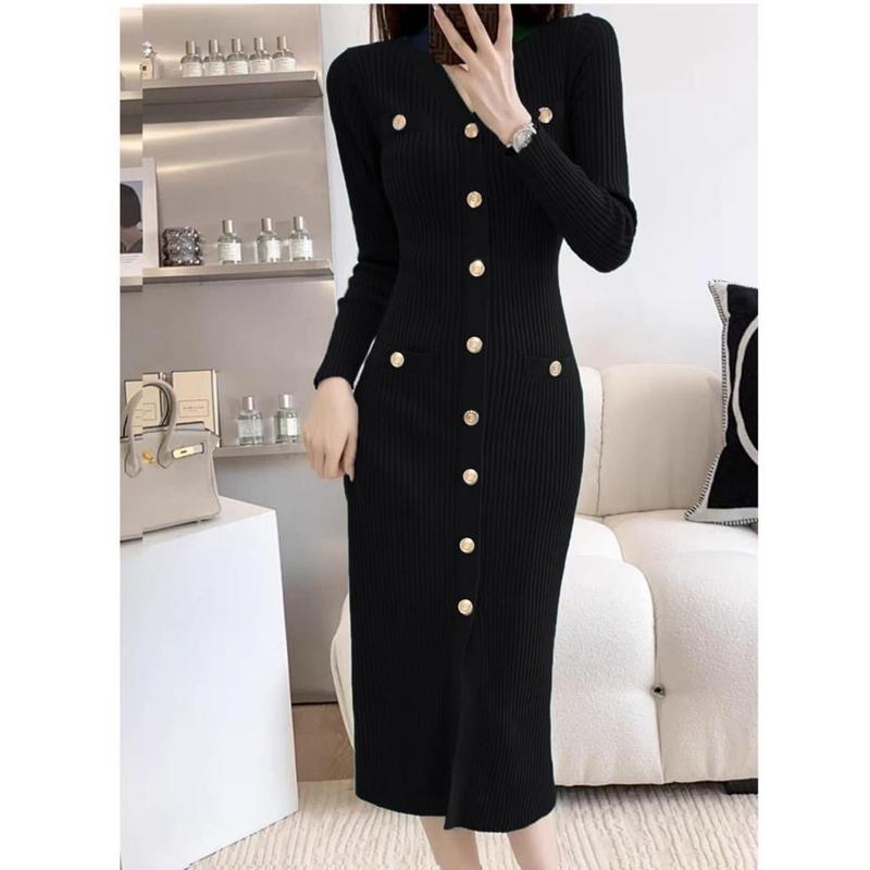 CHOICE - D8260# Aloura Knitted Button Midi Dress Import 1
