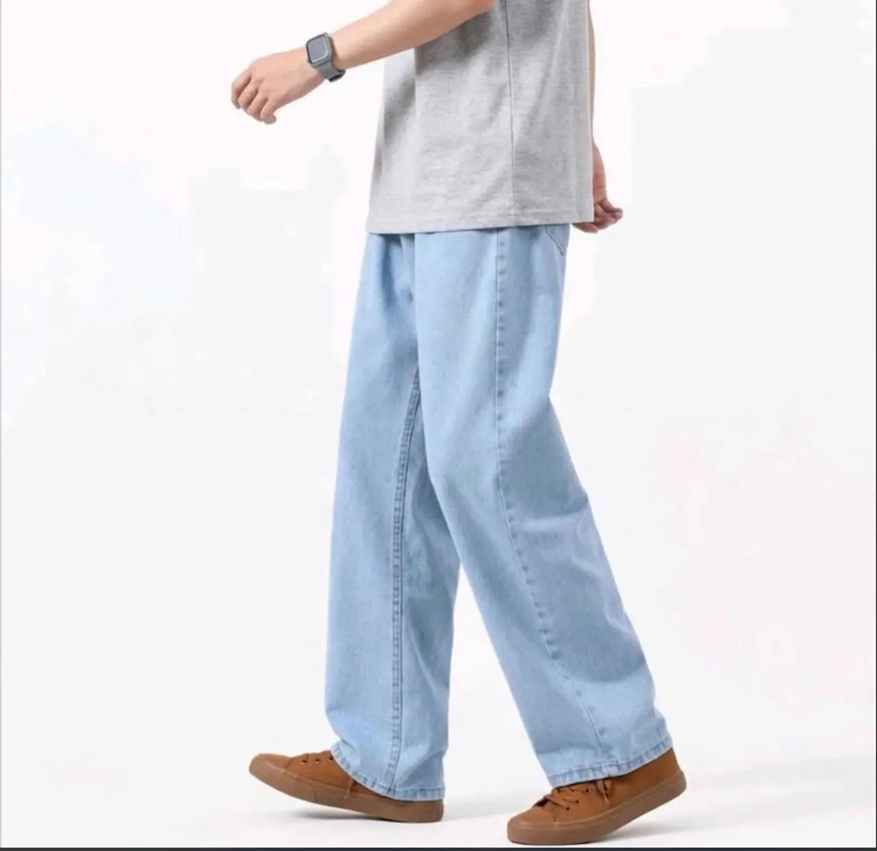 Celana Jeans Baggy Cowok Warna Biru Muda Oversize Straight Loose Panst Wide Leg Korean Style Gaya Retro Santai Panjang Pria Dewasa Denim Distro
