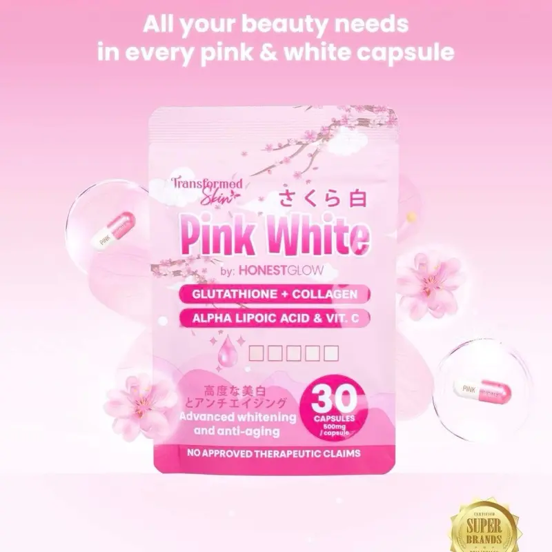 PinkWhite Glutathione Capsules by HonestGlow (500MG) Edible Food Supplement with Vitamin C, Vitamin E, Collagen, Zinc and other Beauty Ingredients