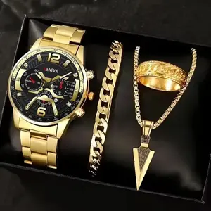 4pcs/1pcs Jam Tangan Kuarsa Pria Dengan Kalender Tali Baja Tahan Karat Jam Tangan Pria Bisnis Mewah Multifungsi(Tanpa kotak)