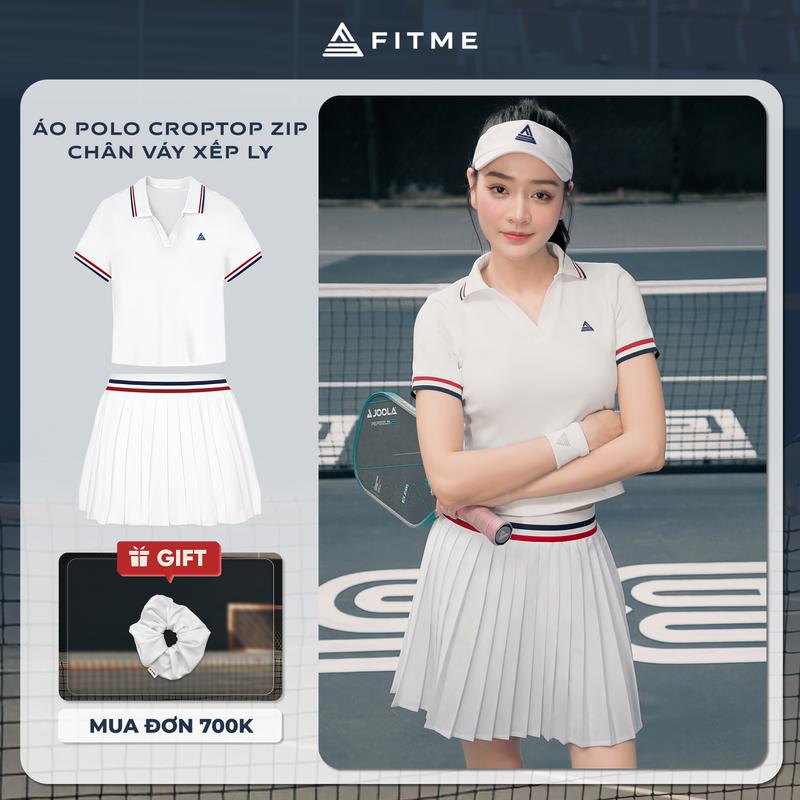 Bộ đồ Pickleball, cầu lông, tennis nữ Fitme ES áo polo Trắng tôn dáng, chân váy xếp ly Trắng năng động có quần bảo hộ
