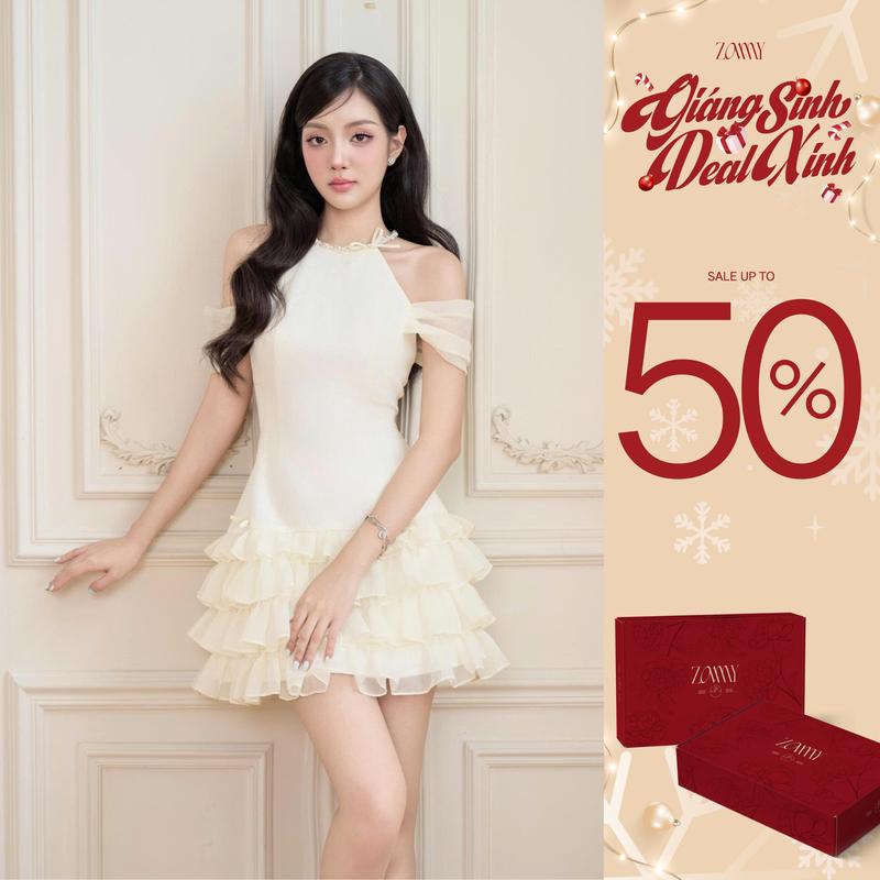 ZAMYSHOP - Váy thiết kế tơ tầng cổ ngọc váy đi tiệc tiểu thư điệu đà