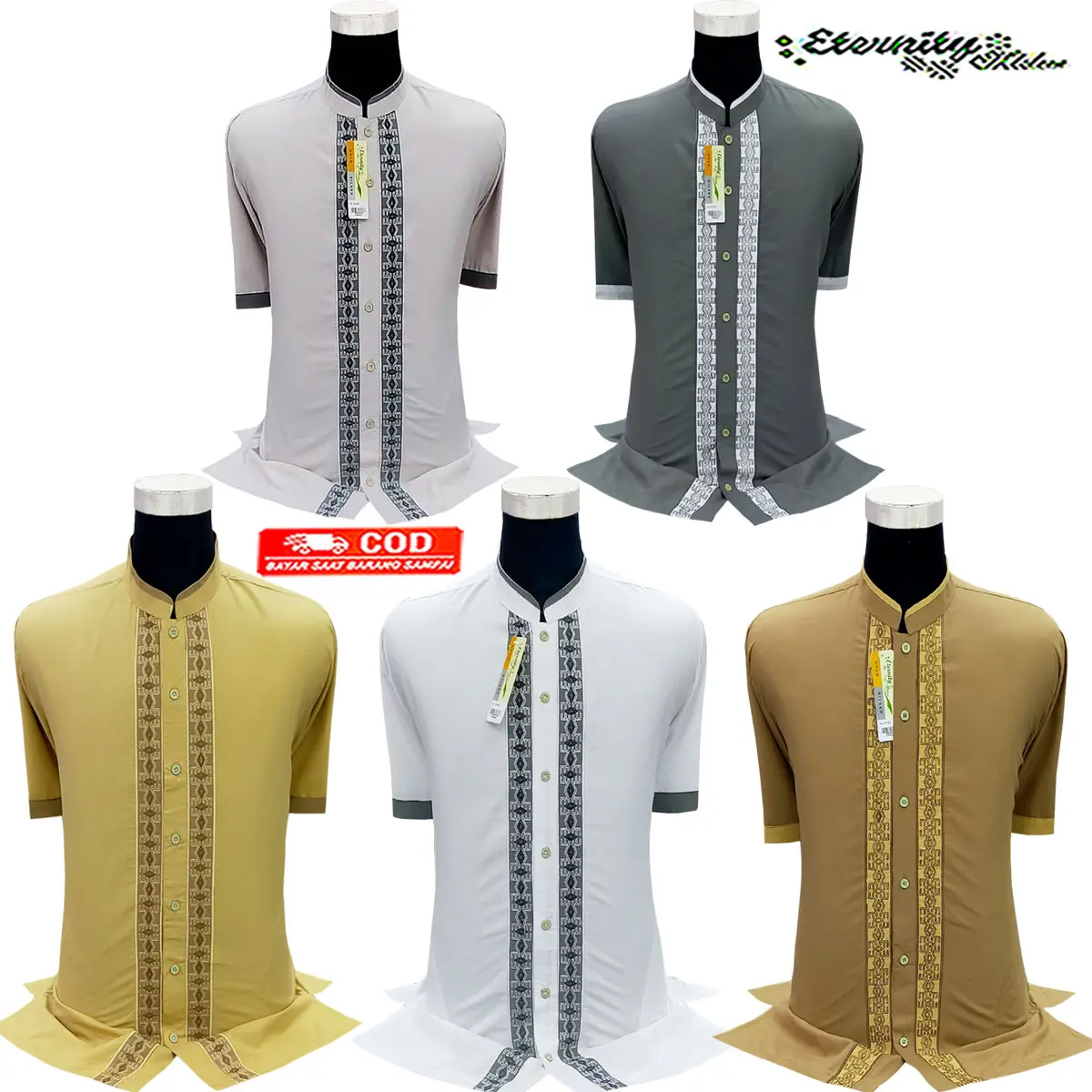 Eternity Moslem Baju Koko Pria Bordir Lengan Pendek Putih Katun Muslim Dewasa Kombinasi Baju Koko