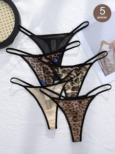 Paquete de 5 piezas de tanga de malla transparente con estampado de leopardo para mujer, ropa interior ajustada de cintura baja, lencería casual para todas las estaciones