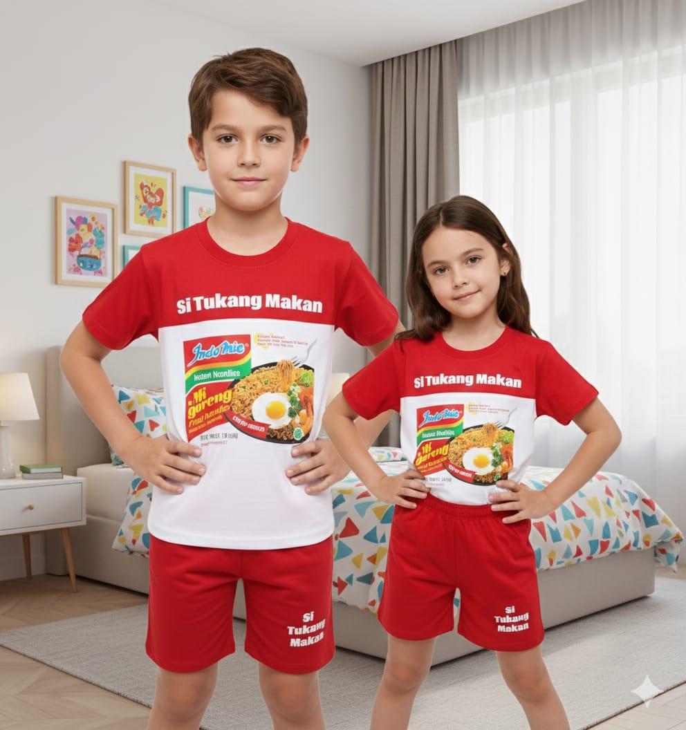 Setelan Anak Harian Viral Terbaru Limited Edition Motif Makanan Mie goreng dan gambar Minuman untuk Usia 1-10 Tahun Desain Unik Nyaman dan Senang Dipakai