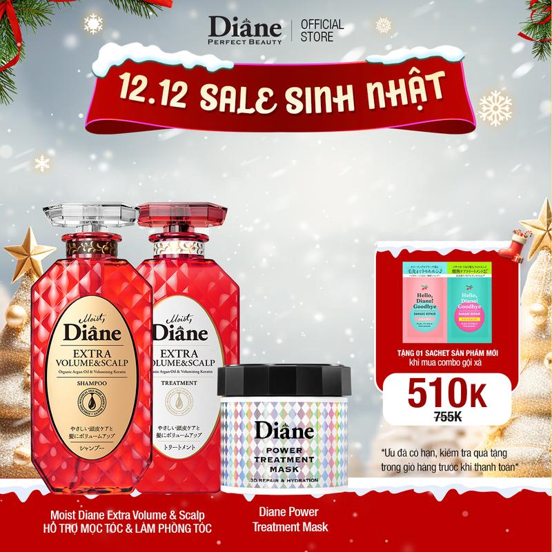 Combo dầu gội xả làm phồng tóc dành cho tóc mỏng thưa tóc xẹp Diane Extra Volume & Scalp + Mặt nạ tóc phục hồi hư tổn 6in1 Diane Power Treatment Mask
