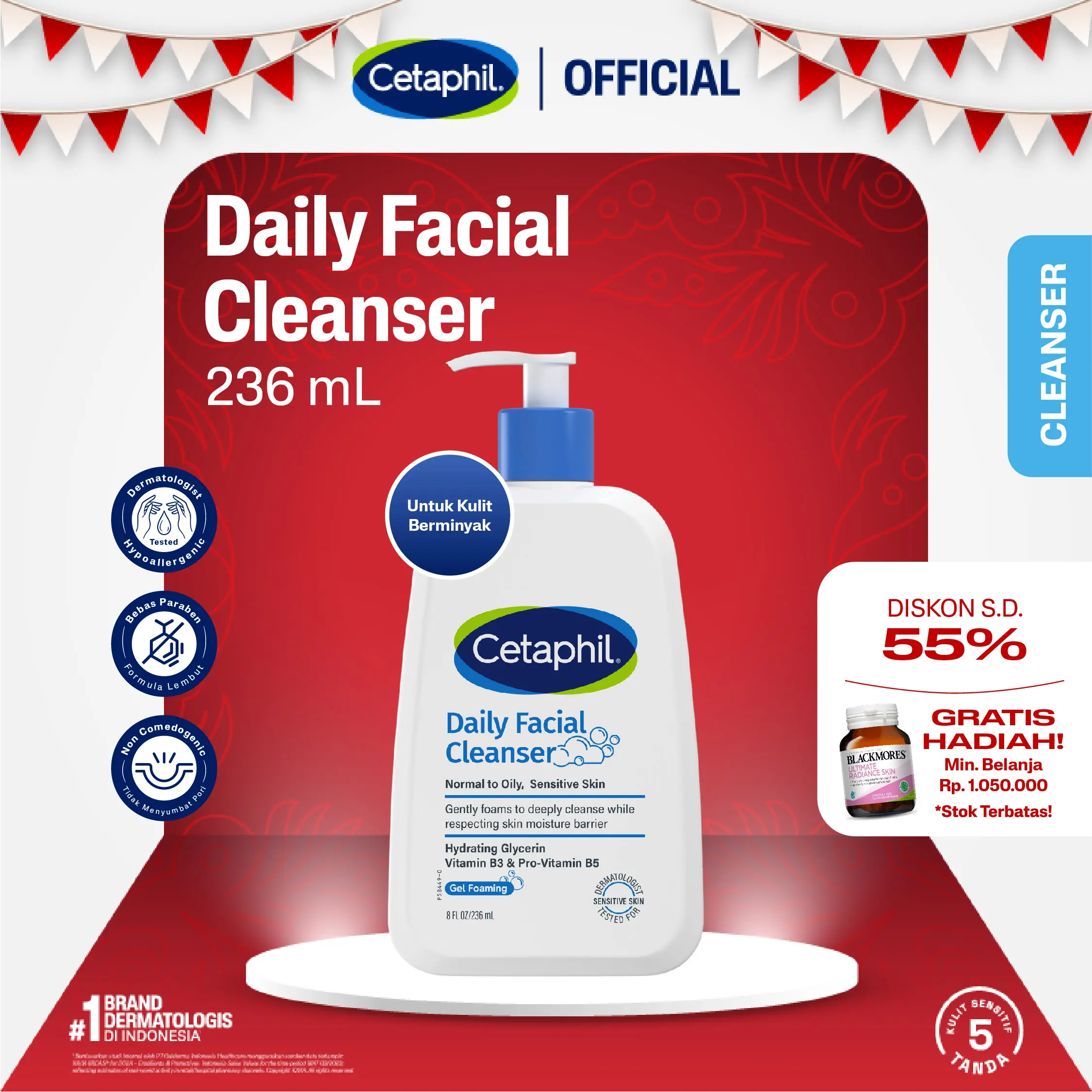Cetaphil Daily Facial Cleanser 236ml dengan Hydrating Glycerin, Panthenol, Niacinamide untuk meminimalkan tampilan pori-pori pada Kulit Berminyak dan Sensitif