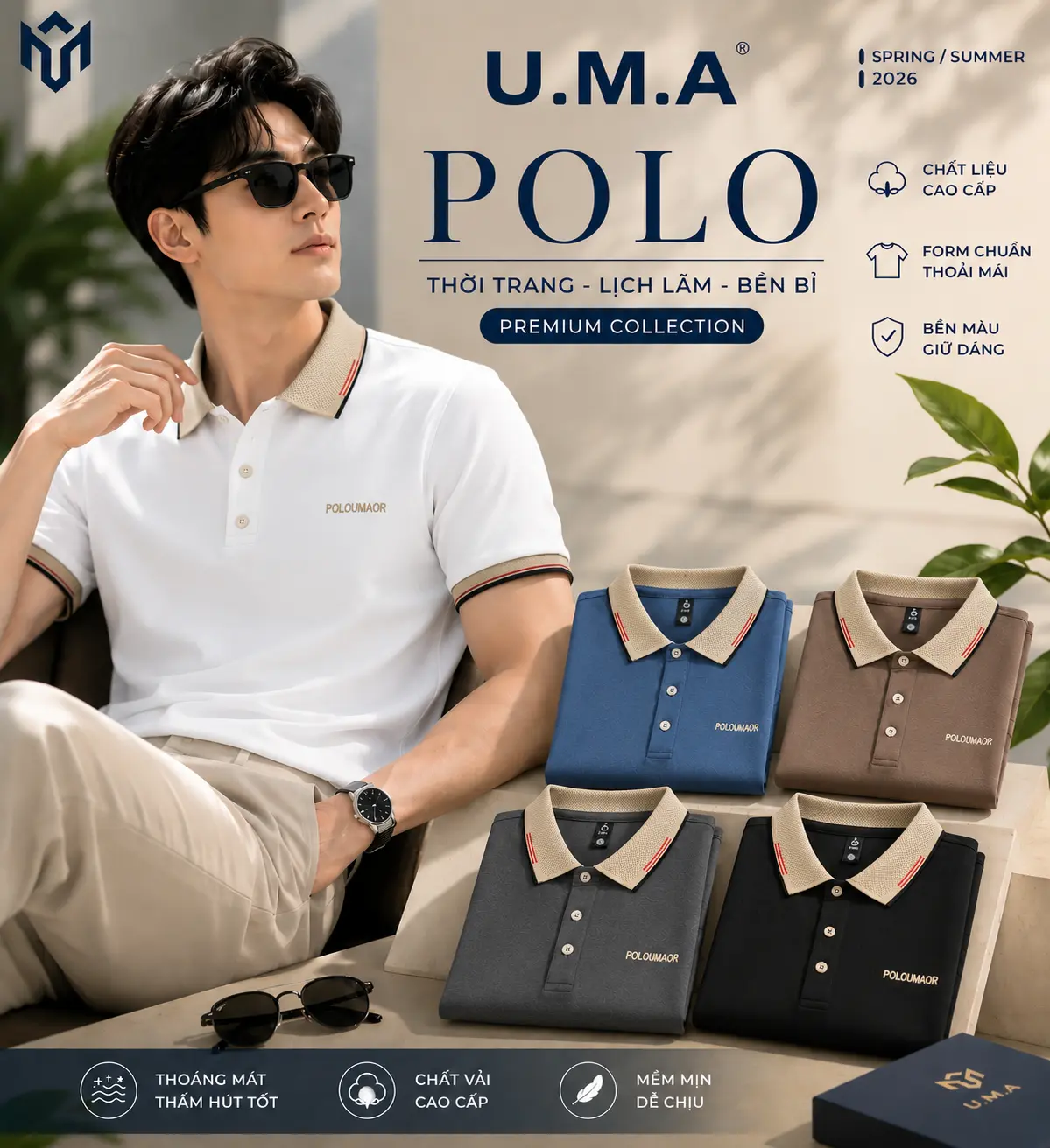 Combo 3 Áo Thun Polo Cổ Bẻ Chất Vải Cá Sấu Poly Thái Thêu Hình Chữ POLOUMA, sang trọng - lịch sự - đơn giản,- Miễn Phí Vận Chuyển Toàn Quốc