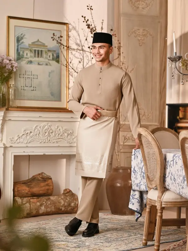 Satu Set Baju Celana dan kain songket/rumpak Teluk Belanga Cekak Musang Pria Melayu Kurung Setelan Pakaian Adat Malaysia Riau Koko Dewasa 2